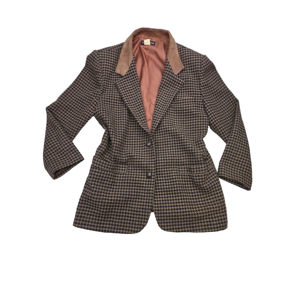 Vtg 1990s Equestrian Riding Wool Blazer Tweed Leather Collar Size L Houndstooth